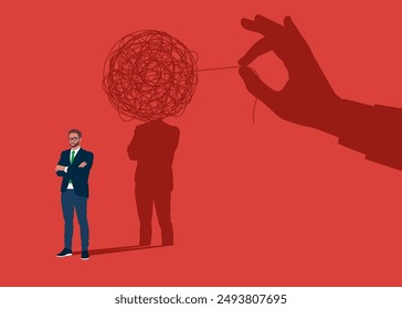 Businessman standing with chaos shadow.  Frustration concept. Mental health treatment or psychology support. Flat vector illustration.