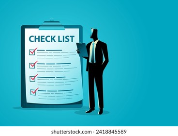 Businessman standing with check list icon, vector illustration, things to do