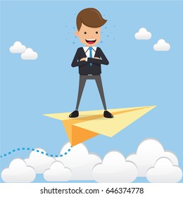 Businessman Standing Chest Hug on Paper Plan on the Sky. Concept Business Vector Illustration Flat Style.