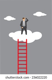 Businessman standing in a cloud on top of corporate ladder and looking from above. Conceptual vector illustration for metaphor.