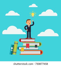 Businessman standing in clouds on pile of books with idea bulb on head. Big idea, balance, thoughtful, knowledge, cloud computing, business concept illustration vector.
