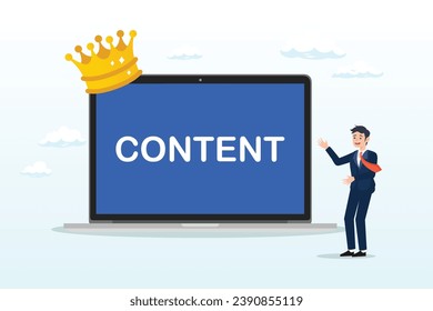 Businessman standing with computer with the word content wearing crown, content strategy for advertising and marketing, brand communication or social media idea, customer engagement (Vector)