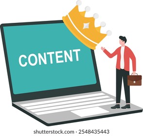 Hombre de negocios de pie con una computadora con el contenido de la palabra que lleva una corona. Estrategia de contenidos para publicidad y marketing, compromiso del Cliente. comunicación de marca y redes sociales.

