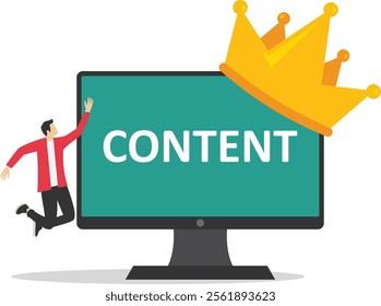 Businessman standing with computer with the word content wearing crown. Content strategy for advertising and marketing, customer engagement. brand communication social media.

