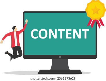 Businessman standing with computer with the word content wearing crown. Content strategy for advertising and marketing, customer engagement. brand communication social media.

