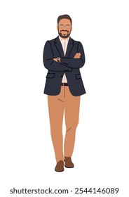 Empresário de pé em pose confiante com os braços cruzados. Homem de negócios vestindo traje de escritório casual inteligente. Ilustração vetorial isolada no plano de fundo branco