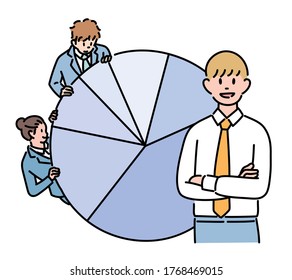 A businessman is standing in a confident pose. A pie graph is behind him. hand drawn style vector design illustrations. 