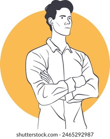 A businessman standing confidently with arms crossed, business confidence, professional stance, executive presence, one continues line art vector illustration