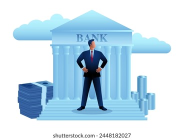 Businessman standing confidently in front of a bank, surrounded by banknotes and coins in the background, the essence of financial success, investment banker, symbolizing wealth, and capitalism