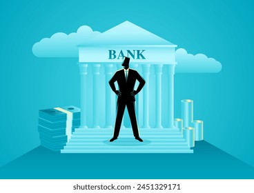 Businessman standing confidently in front of a bank, surrounded by banknotes and coins in the background, the essence of financial success, investment banker, symbolizing wealth, and capitalism