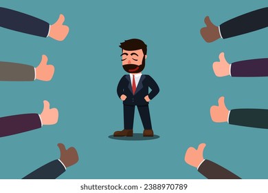 A businessman standing confidently is happy and proud to receive a thumbs up showing praise and praise. Well done or agreement symbol. Business compliment concept. Vector illustration