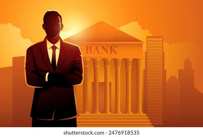 Businessman standing confidently with his arms crossed, against a background of a bank and buildings, conveys financial services and figure, professionalism, confidence, and authority