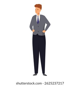 Businessman is standing confidently with his hands on his hips, conveying an air of professionalism and authority