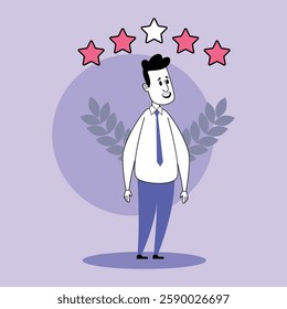 Businessman standing confidently, surrounded by stars and laurels. Success and acknowledgment in professional setting, importance of recognition concept