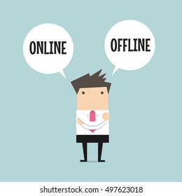 Businessman standing confuse to choose between two option online or offline. vector