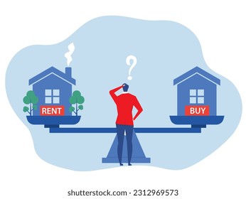 Businessman standing confuse to choose to buy or rent a house
home apartment vector illustration