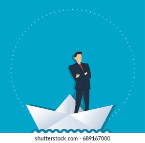 businessman standing with cross arms on a paper boat vector, business concept illustration. 