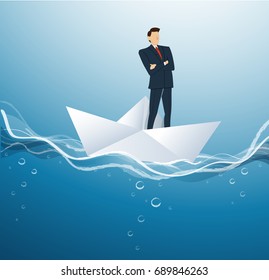 businessman standing with cross arms on a paper boat vector, business concept illustration. 