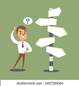 Businessman standing at cross road confused by direction signs. Choices and decision concept. Stock flat vector illustration.