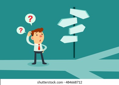 Businessman standing at cross road confused by direction signs. Choices and decision concept.