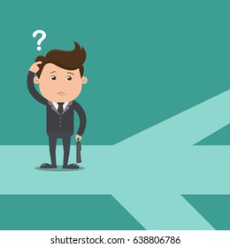 Businessman standing at cross road confused - vector illustration