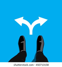 Businessman standing at the cross road making decision which direction to go to pursue his success and happiness. Business concept vector graphic design. Two ways to choose.