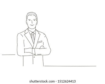 Businessman standing with crossed arms. Hand drawn vector illustration.