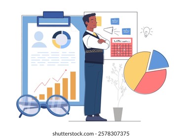 Businessman standing with crossed arms, surrounded by charts, graphs, and documents on a white background. Concept of data analysis, business strategy. Vector illustration