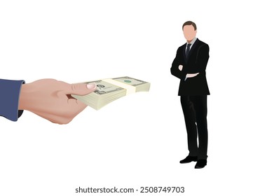 Businessman standing with crossed arms watching hand holding out stack of money