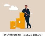 Businessman standing with crossed legs and leaning on pile of coins, vector businessman character illustration.