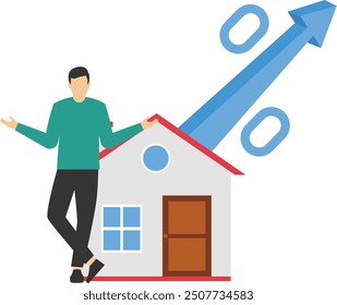 Businessman standing with crossed legs and leaning on isometric house shaped arrow, percent sign. Interest rate, mortgage, real estate, investment, construction. Vector illustration

