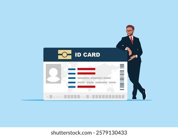 Businessman standing with crossed legs and leaning on ID card. Isometric Personal business card. Flat vector illustration.