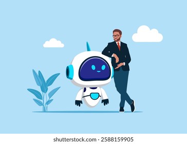 Businessman standing with crossed legs and leaning on robot. Think, aspiration to win and success in technology. AI assistant support. Flat vector illustartion