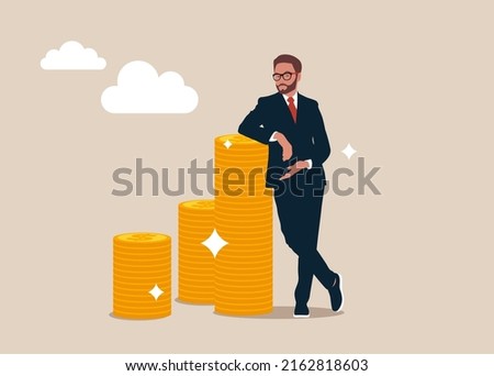 Businessman standing with crossed legs and leaning on pile of coins, vector businessman character illustration.