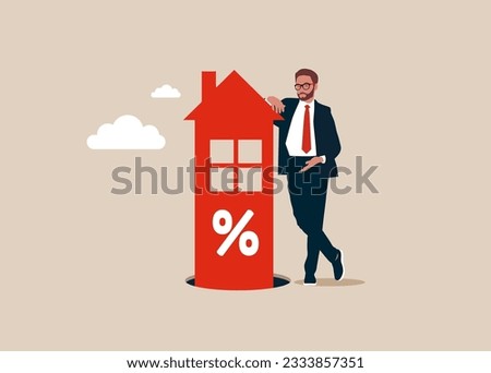 Businessman standing with crossed legs and leaning on isometric house shaped arrow, percent sign. Interest rate, mortgage, real estate, investment, construction. Vector illustration