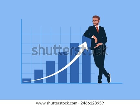 Businessman standing with crossed legs and leaning on rising profit growth graph. Investment profit growth, financial advisor. Make money to get rich or increase earning or income.