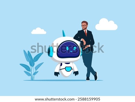 Businessman standing with crossed legs and leaning on robot. Think, aspiration to win and success in technology. AI assistant support. Flat vector illustartion