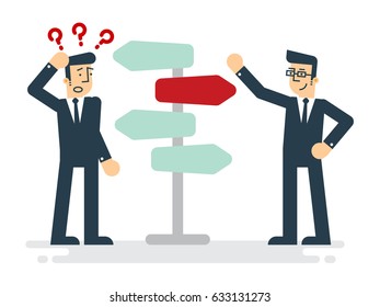 Businessman standing at crossroad Choices and decision concept. Business Concept Cartoon Illustration. Vector illustration of a flat design.