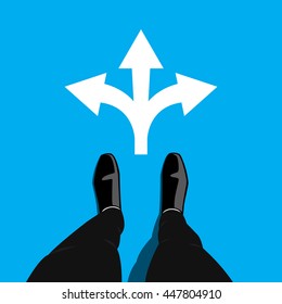Businessman standing at the crossroad making decision which way to go - three ways to choose. Vector graphic design on blue background.
