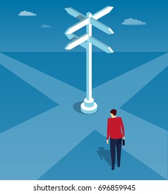 A businessman standing at a crossroads