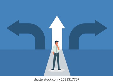 Businessman standing at a crossroads with arrows pointing in different directions, symbolizing decision-making, career choices, strategy, leadership, opportunity, and business growth.