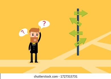 Businessman standing at crossway confused with direction signs. Vector illustration