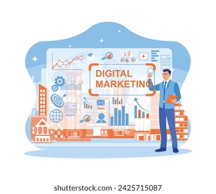 El hombre de negocios está de pie en la sala del centro de datos. Optimice los motores de búsqueda en pantallas virtuales y tabletas para mejorar el marketing digital. Redes de marketing digital en concepto de interfaz moderna. 