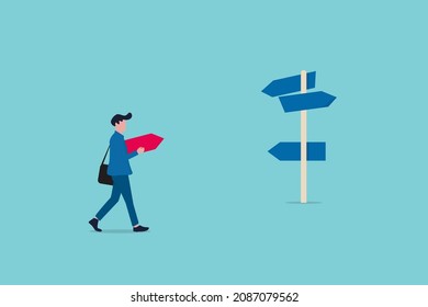 Businessman Standing In The Direction Of The Crossroads Chose The Direction. Minimal Eps10 Illustration