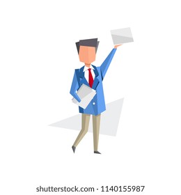 Businessman standing with documents in his hands, paper work, bureaucracy, routine business concept cartoon vector Illustration on a white background