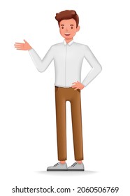 Businessman standing and doing presentation character design. 3d vector illustration.
