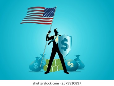 Businessman standing with a dollar shield, holding an American flag, surrounded by stacks of money and bags. Protection of the dollar, financial security, economic stability, investment, U.S. economy