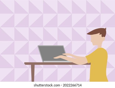 Businessman Standing Drawing Using Laptop Placed On Top Of Wooden Table. Gentleman Sitting Design Uses Notebook Computer Showing Office Productivity.
