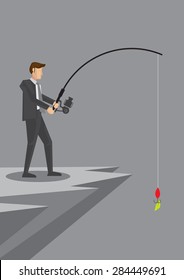 Businessman standing at the edge of cliff with fishing rod with a dollar note on fish hook at the end of spinning rod. Creative vector illustration for business and finance concept.