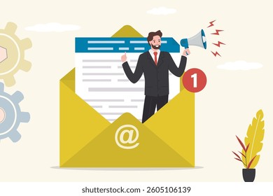Businessman standing in email envelope announcing through megaphone. Email marketing, CRM, subscription on web. Email newsletter for discount. Manager man promoting marketing information. flat vector